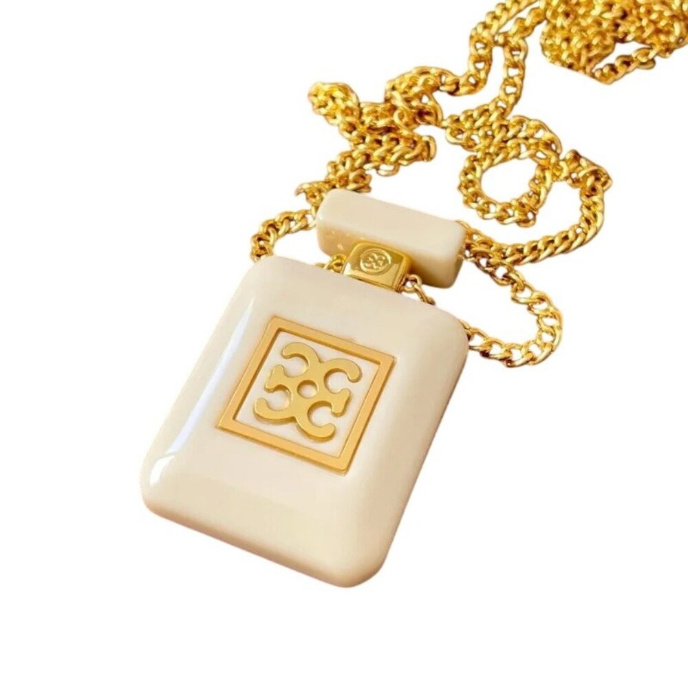 Womens Necklace Perfume Bottle Pendant Gold Plated Chain Off White Cream